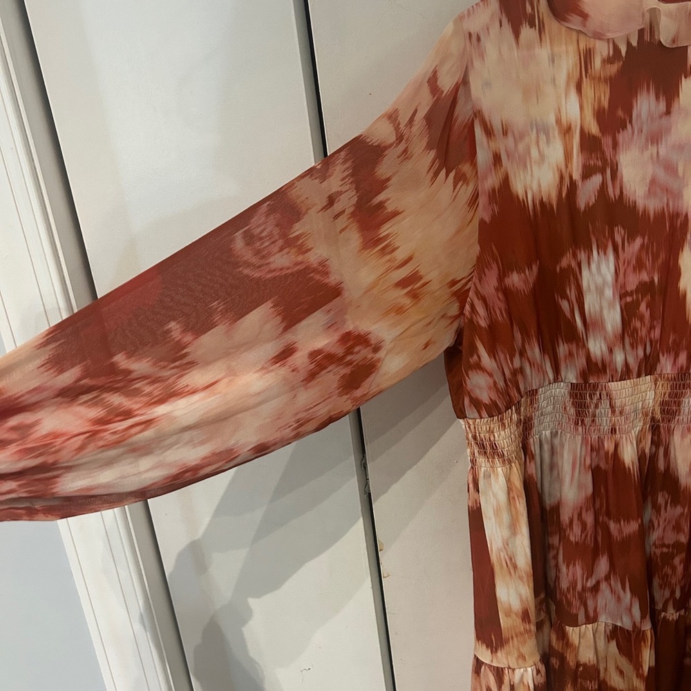 Belldini Rust and Cream Tie-Dye Long Sleeve Tiered Dress - Picture 9 of 12